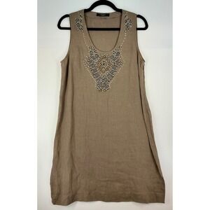 Max Mara Weeknd Linen Beaded Dress Size M Scoop Neck Side Zip Casual Bohemian